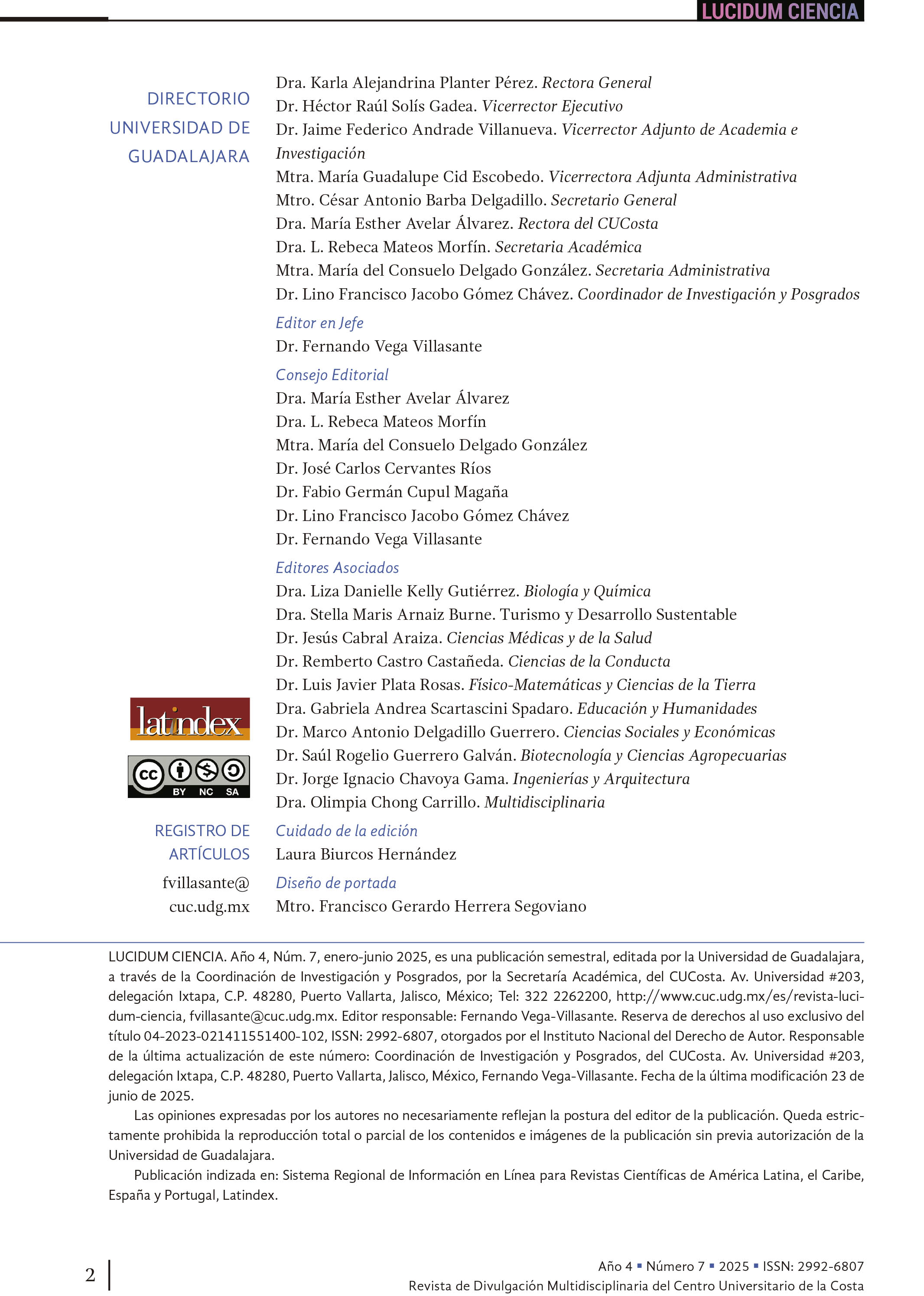 LUCIDUM CIENCIA, Núm. 7, julio-diciembre, 2024 - Directorio