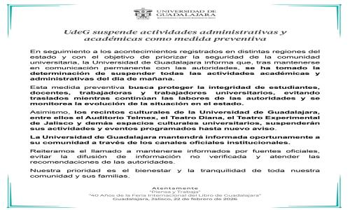  UdeG suspende actividades administrativas y académicas como medida preventiva
