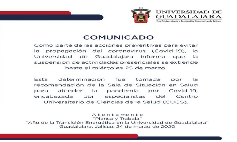 La UdeG extiende un día más el periodo de suspensión de actividades por recomendación de nuestra Sala de Situación