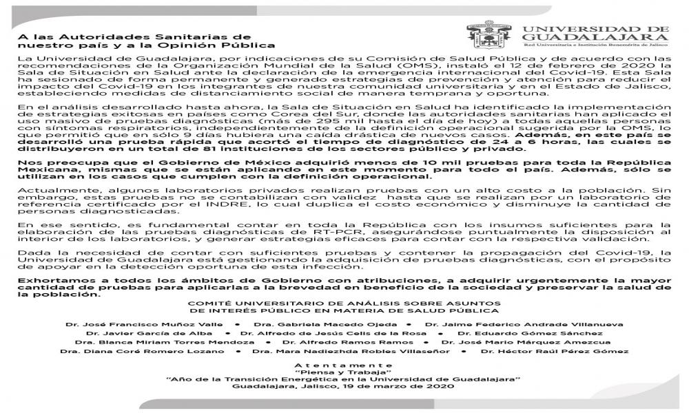 Exhorta la UdeG a las Autoridades Competentes de México, que Adquieran y Apliquen Pruebas Diagnósticas del Coronavirus COVID-19.
