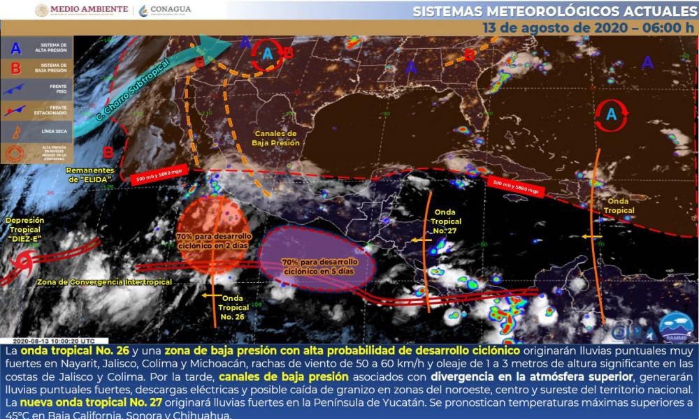 Mientras tanto, se esperan lluvias por la tarde y noche Idioma Español El Maestro Víctor Cornejo López, Jefe de la Unidad de Meteorológica del Centro Universitario de la Costa, informó que habrá tiempo lluvioso y sigue dominando la mitad de territorio nacional, mientras la mitad Norte, prevalece el tiempo soleado, ambiente seco y fuerte calor causa por un centro de alta presión localizado en Texas.  En el Pacífico, el ciclón “Elida”, ya es historia, aunque se forma otro. Mientras tanto, la depresión Tropica