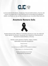 El CUCosta manifiesta sus más sentidas condolencias por el sensible fallecimiento de Anastacia Romero Solís